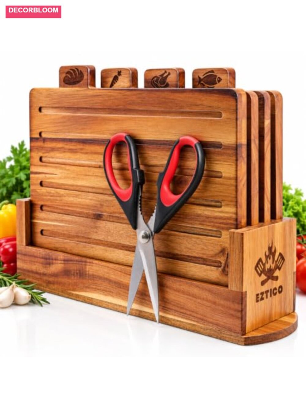 Acacia Wood Cutting Board Set 4-Piece with Stand & Scissors Juice Groove